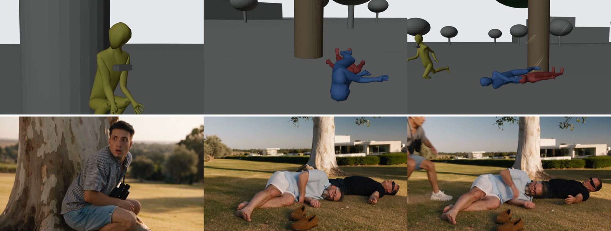 Top row: three Blender previz frames with stand-in figures. Bottom row: the matching generated shots from The Last Fig