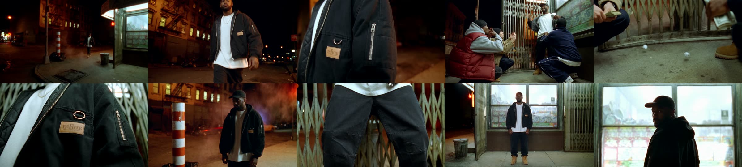 Ten frames from one New York generation: establishing, walk, sleeve detail, dice crew, dice, patch, slow shutter, knee pleats, front pose, back pose