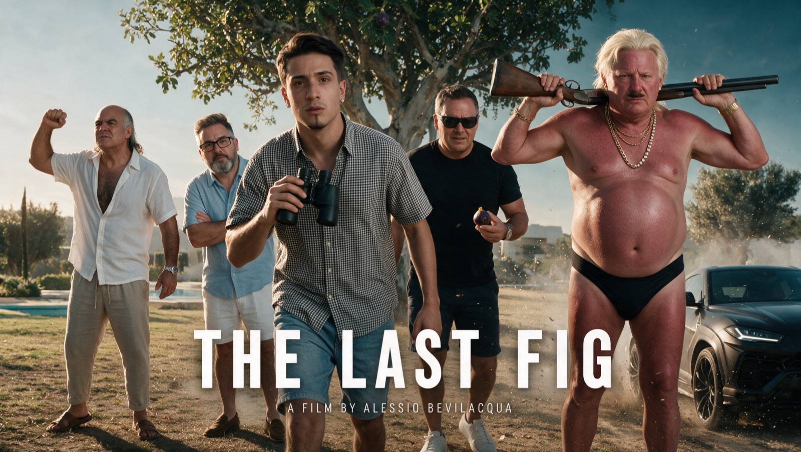 The Last Fig movie poster: the crew walking out under the fig tree, the neighbour with a shotgun