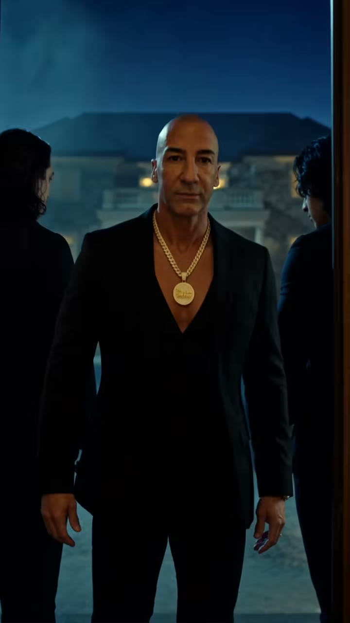 The Tow Father, the lead standing in a black suit and gold chain at night